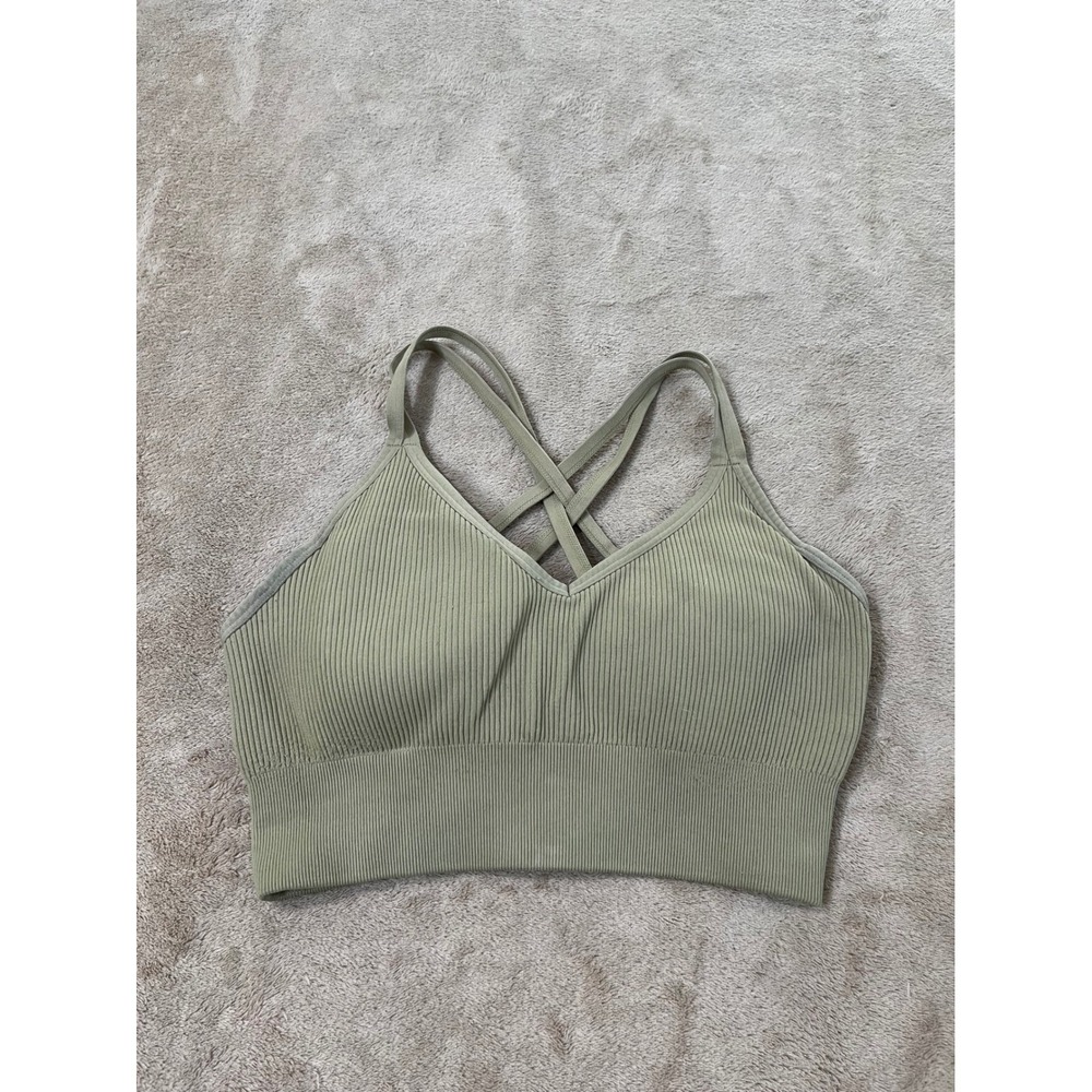 Aerie Ribbed Seamless Sports Bra Olive Green Strappy Crisscross Back RN54485